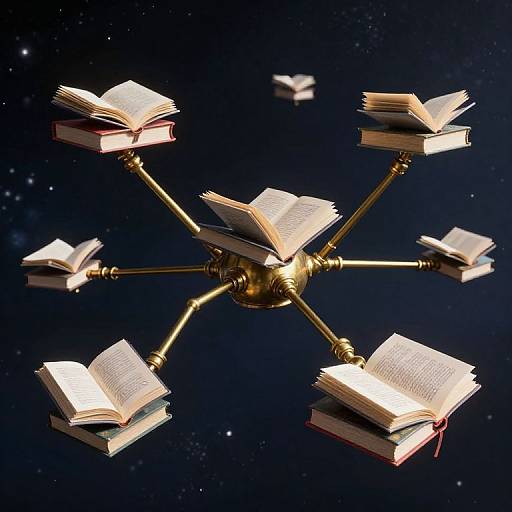 Golden robotic spider holding open books in space, with smaller floating books in the dark, starry background. Digital illustration.