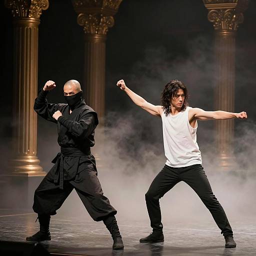 Two Martial Artists in Dynamic Poses on Smoky Stage
