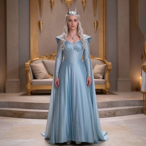 Photograph of a fair-skinned woman with long platinum blonde hair wearing a silver crown, light blue, long-sleeved, medieval-style gown,