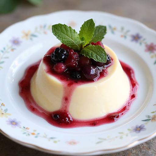 Photograph of a creamy, yellow pudding topped with glossy black cherries and a green mint sprig, served on a white floral-patterned plate with