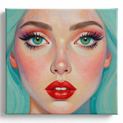 Vibrant digital painting of a fair-skinned woman with teal hair, green eyes, bold red lips, and dark eyeliner, staring intently
