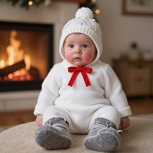 Photograph of a chubby, fair-skinned baby with blue eyes, wearing a white knit hat, matching outfit, red bow, and gray shoes,