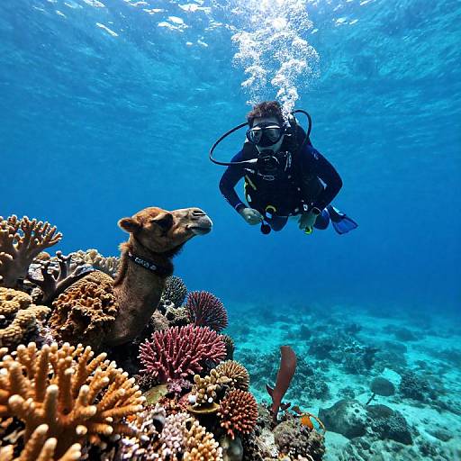 Photograph of a scuba diver underwater, facing a brown sea lion surrounded by colorful coral reefs in a vibrant blue ocean.