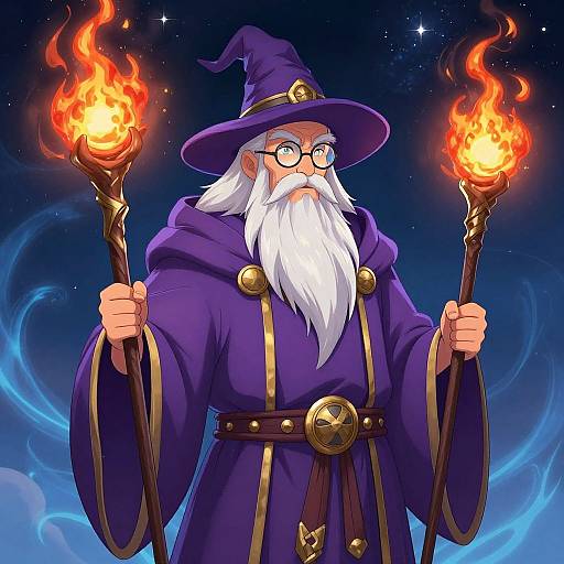 Digital illustration of an elderly wizard with a white beard, round glasses, purple robe, and hat, holding two flaming torches against a starry night