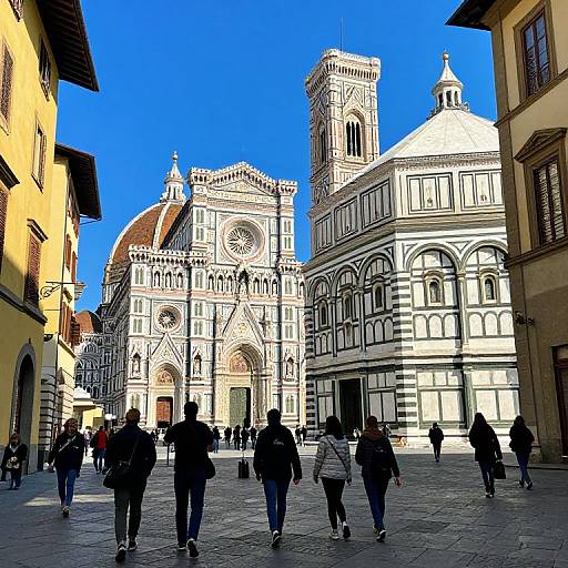 Photograph of Florence's Duomo complex with colorful, high-contrast buildings, blue sky, and pedestrians walking in a sunlit cobblestone square