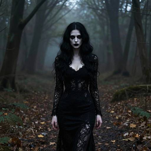 Photograph of a pale, gothic woman with long, wavy black hair, wearing a black lace dress, standing in a dark, misty