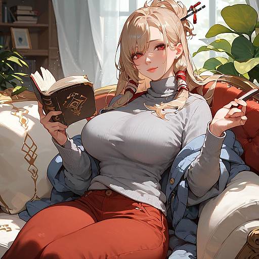 Anime Girl Reading on Couch