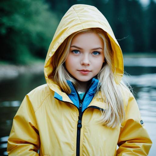 Young girl in yellow waterproof coat with hood