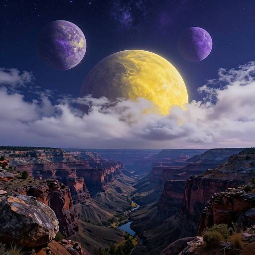 Digital art of a surreal night sky over Grand Canyon, featuring three planets: two purple, one glowing yellow, with clouds partially obscuring the moonlit