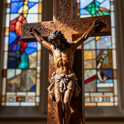 Photograph of a detailed, carved wooden crucifix with a muscular, nude Jesus Christ in a loincloth, set against vibrant stained glass windows.