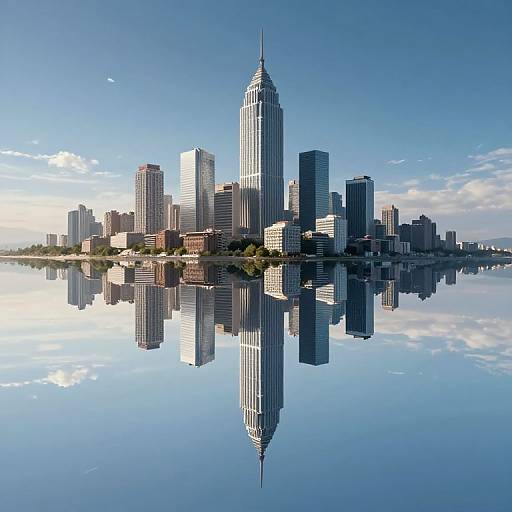 Photorealistic digital image of a city skyline with a tall, pointed skyscraper reflected perfectly in a calm, blue-water lake.