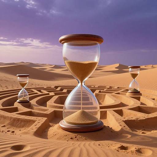 Photograph of three hourglasses in a sunlit, sandy desert with rolling dunes and a cloudy, purple-hued sky in the background.