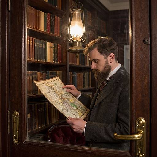Photograph of a bearded man in a dark suit, intently reading a vintage map by a lit lantern in a dimly lit, wooden book