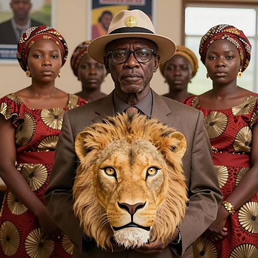 Serious Man with Lion Mask and Women