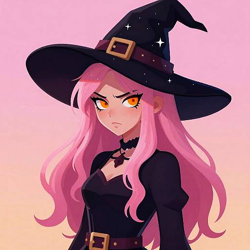 Digital anime-style drawing of a pink-haired witch with orange eyes, black witch hat, and outfit, set against a pink gradient background.