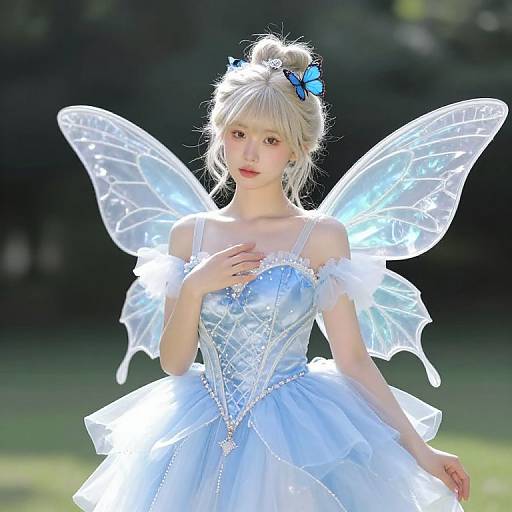 Photograph of a young, fair-skinned woman with blonde hair in a bun, wearing a blue, off-shoulder, fairy dress with transparent