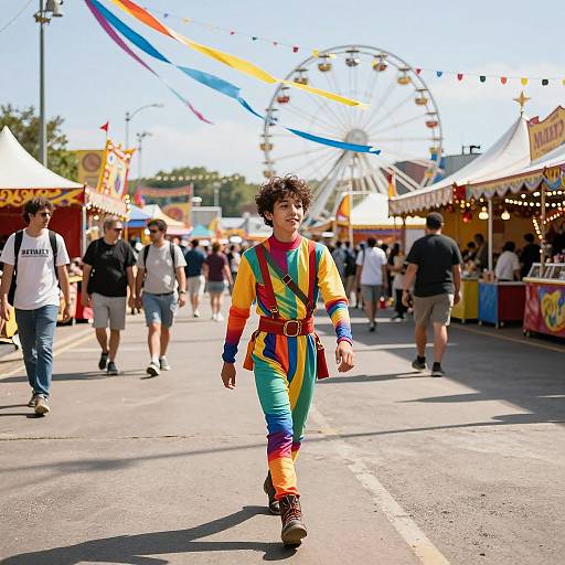 Photograph of a curly-haired person in vibrant rainbow-striped outfit walking through a sunny, bustling fair with colorful flags, food stalls, and a Ferris