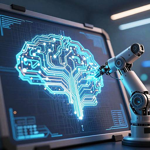 Photograph of a futuristic lab scene showing a glowing blue neural tree circuit on a monitor, with a robotic arm adjusting it.