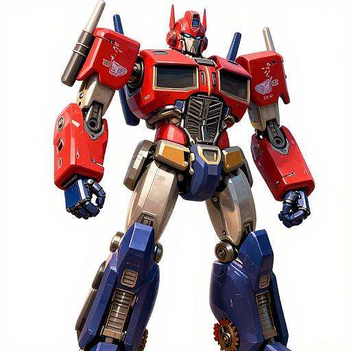 Photograph of a vibrant red and blue, detailed, humanoid robot with silver chest and arm joints, and black chest plate, standing against a white background