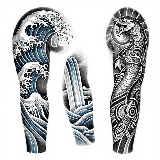 Black and blue tattoo-style artwork of three vertical columns: wave, water spout, and snake with intricate patterns and textures.