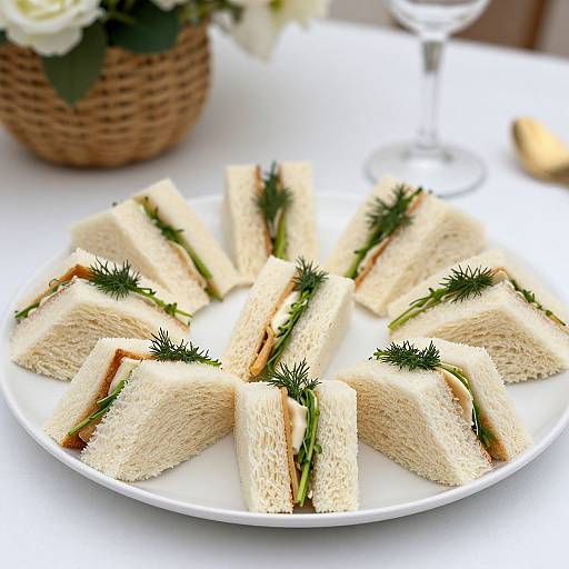 Photograph of neatly arranged, triangular sandwiches with white bread, green herbs, and fillings on a white plate, set on a bright white table.
