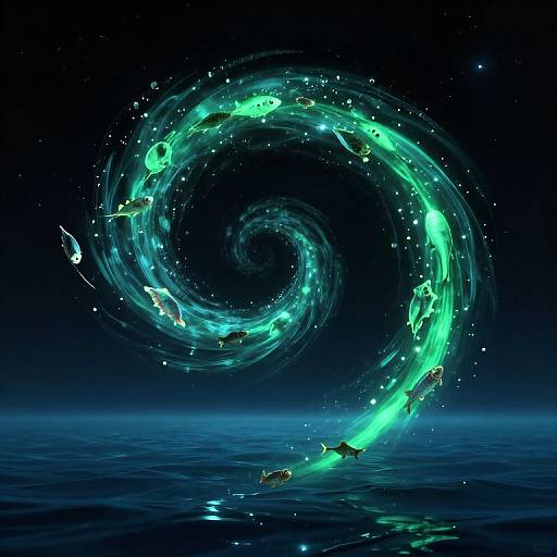 Digital art: glowing green fish spiral in a perfect whirlpool above a dark blue ocean, with sparkling stars in the night sky.