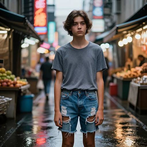 Photograph: Young man with wavy brown hair, gray t-shirt, and distressed denim shorts, standing in a rain-soaked, brightly lit urban