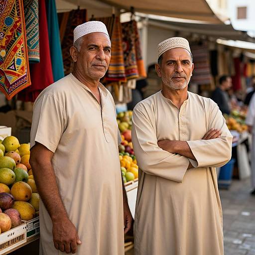 Photograph of two elderly Middle Eastern men in white traditional robes and white caps, standing with arms crossed at a vibrant market stall filled with colorful textiles and