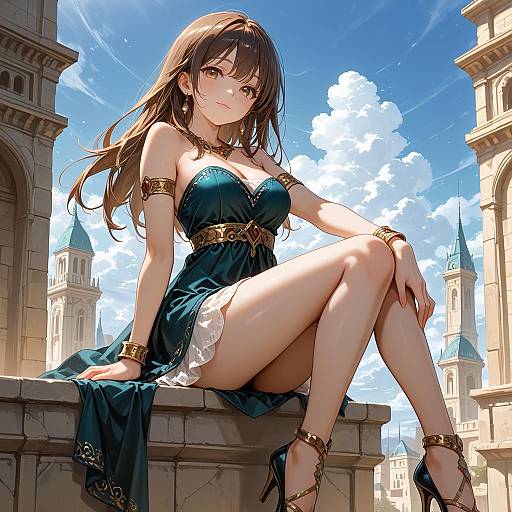 Young Woman in Elegant Dress Sitting Outdoors