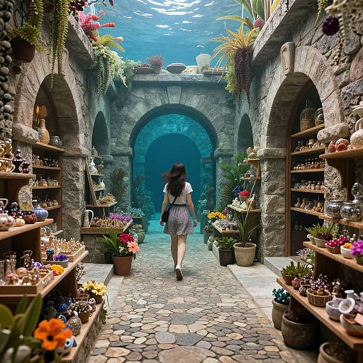 Photograph of a woman with long brown hair, wearing a white dress, walking through a stone archway market filled with vibrant potted plants and colorful