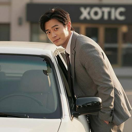 Charming Man in Gray Suit by Car