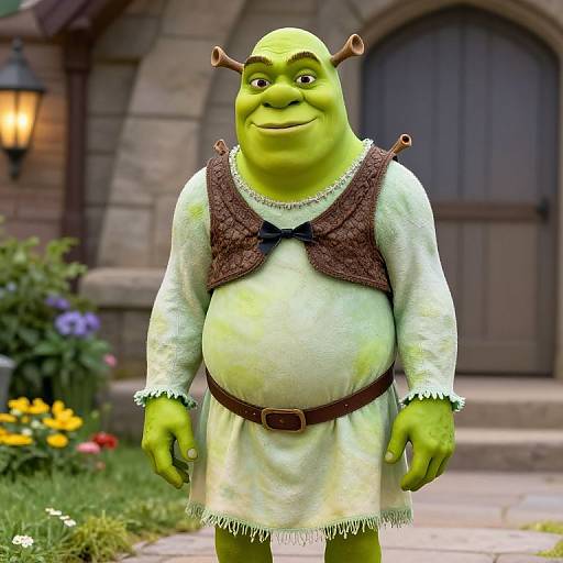 Photograph of a green-skinned, chubby, cartoonish ogre with antler-like horns, wearing a white dress and brown vest, standing in