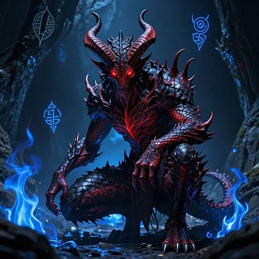 Digital art of a menacing, black-scaled demon with glowing red eyes, large horns, and spiked armor, surrounded by blue flames in a dark,