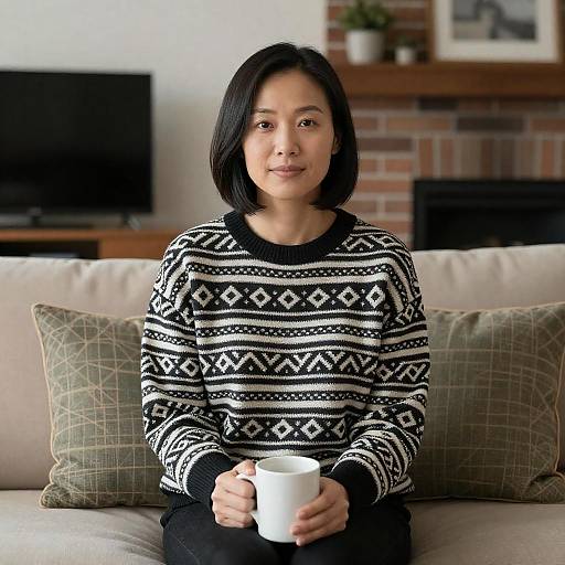 Asian Woman Sitting on Couch Holding Mug