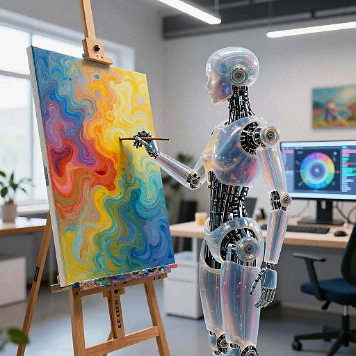 Photograph of a metallic humanoid robot painting a vibrant, wavy abstract on an easel in a modern, brightly lit studio.