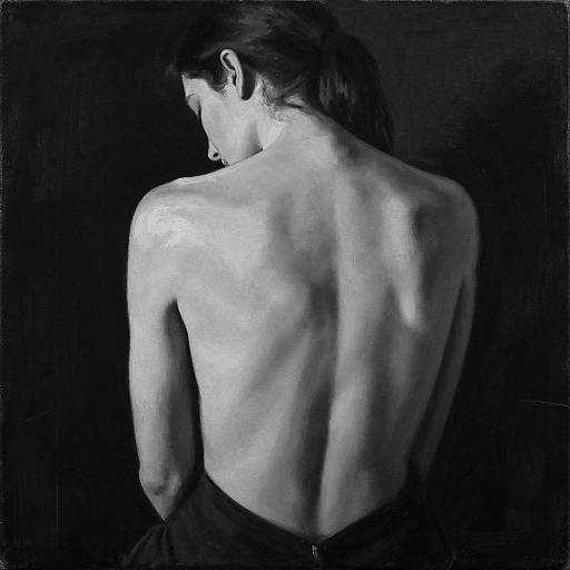 Black-and-white photograph of a topless woman with a slender, muscular back, dark hair in a ponytail, facing away, against a dark background