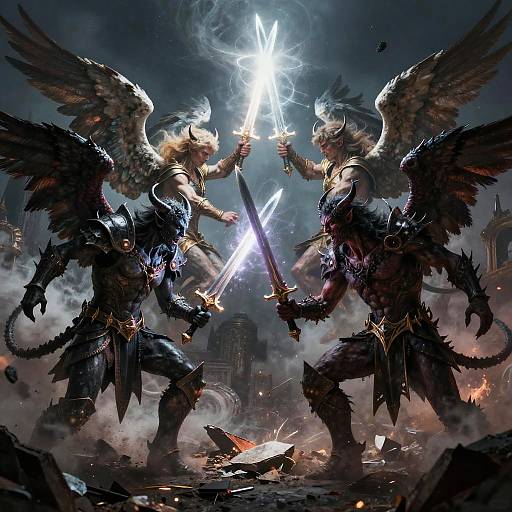 Digital fantasy artwork of two winged, horned warriors with glowing swords clashing in a smoky, ruined cityscape under a dark, cloudy sky