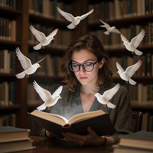 Photograph of a brown-haired woman with glasses, reading a book in a library, surrounded by glowing white doves.