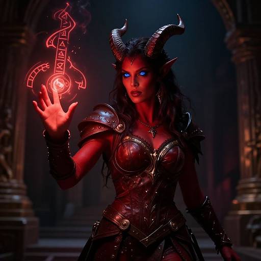 Digital fantasy artwork of a red-skinned, blue-eyed demon woman with black horns, glowing red magic, and ornate dark armor in a dimly