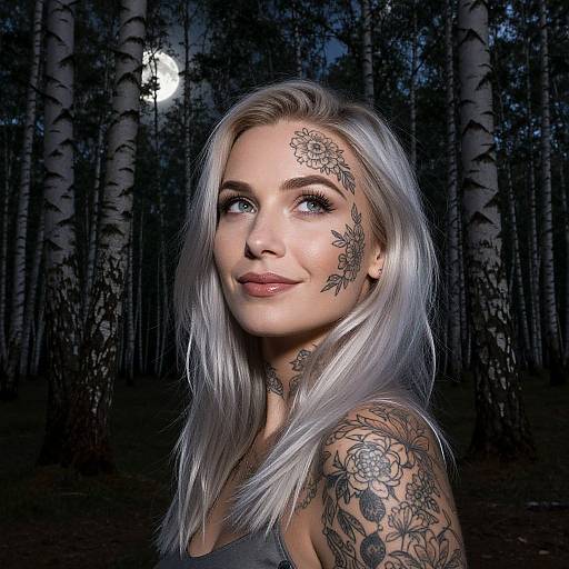Photograph of a blonde woman with intricate tattoos on her face and arm, gazing up at a moonlit forest. Dark, silhouetted