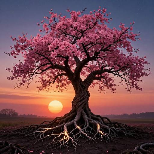 Photograph of a vibrant pink cherry blossom tree with exposed roots, set against a stunning orange and purple sunset sky.