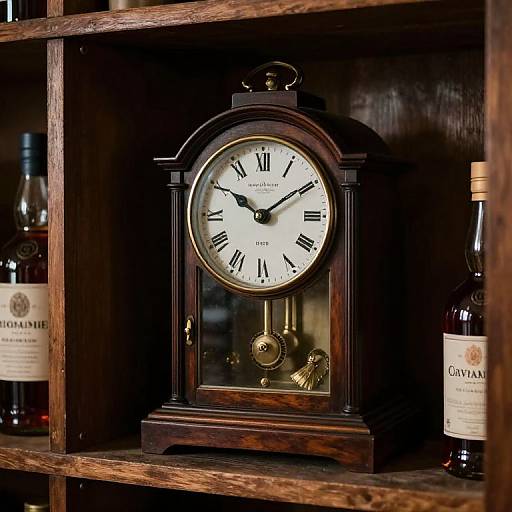 Photograph of a vintage, dark wooden antique clock with black Roman numerals, brass gears, and glass face, flanked by wine bottles on wooden