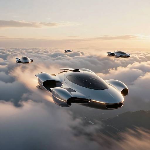 Photograph of futuristic, silver flying cars soaring above a sea of fluffy clouds at sunset, with four smaller cars in the background.