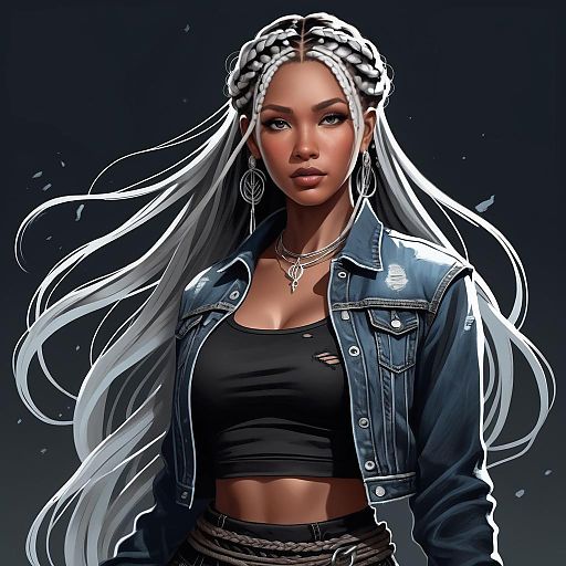 Ethereal woman with silver braids in denim jacket