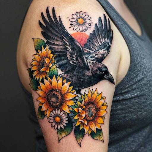 Intricate Crow Tattoo with Flowers