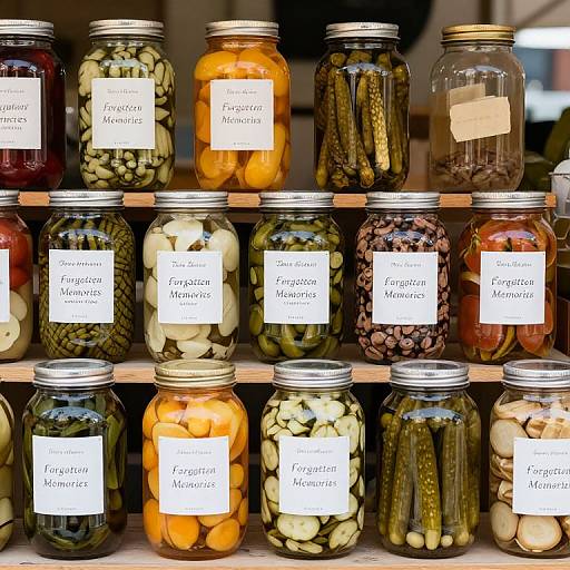 Photograph of a shelf with 16 glass jars filled with various pickled vegetables, each labeled with white tags in Spanish.