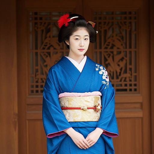 Woman in Blue Kimono by Wooden Door