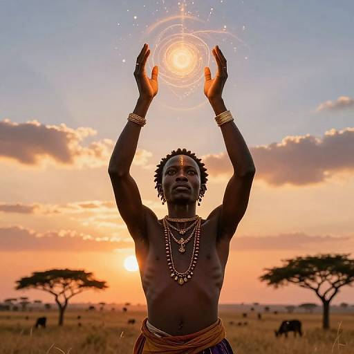 Photograph of a shirtless, dark-skinned African man with beaded jewelry, raised arms, and glowing sun halo at sunset in a savanna