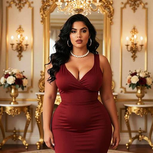Photograph of a curvy, dark-haired woman with medium skin tone, wearing a deep red, sleeveless, plunging dress, pearl necklace,