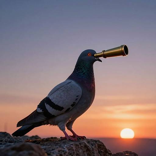 Photograph of a grey pigeon with an orange eye, holding a small gold tube in its beak, standing on a rock at sunset with a vibrant